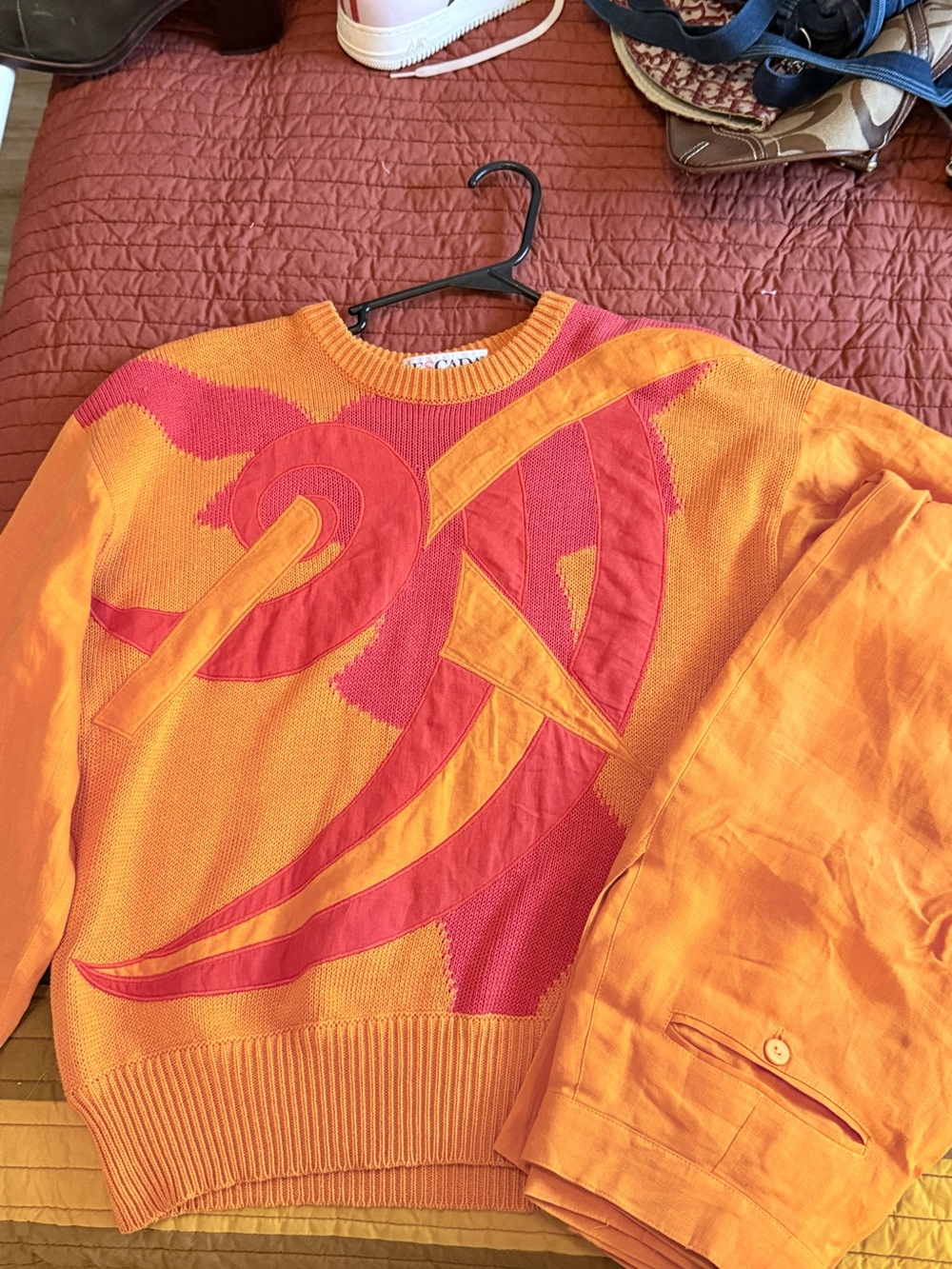 Escada Vintage 90’s Orange and Pink LinenKnitAppliqué Sweater and Linen Pant set